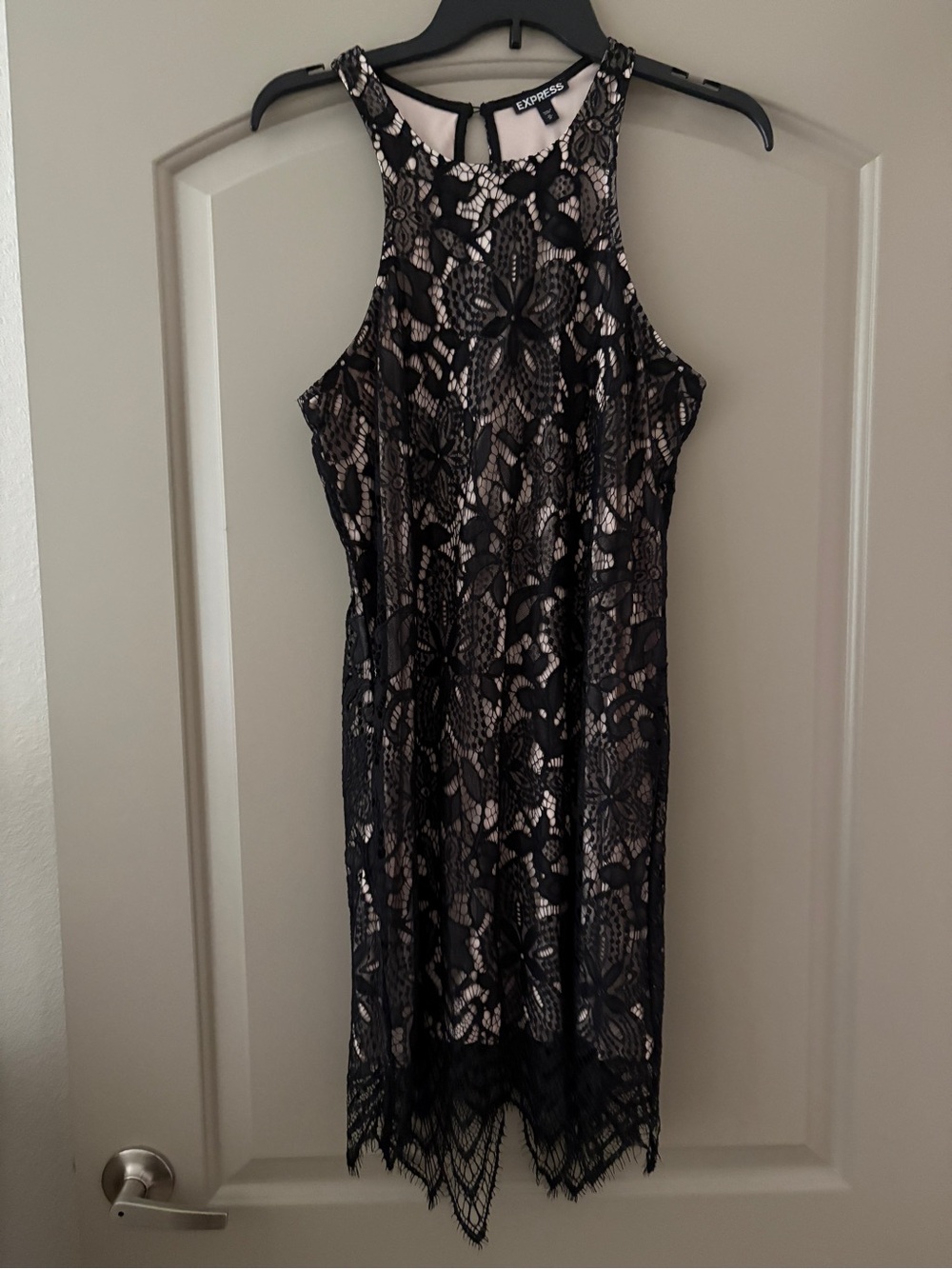 Express Black Lace Midi Dress with Nude Underlay